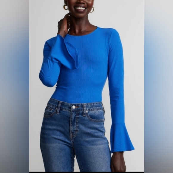 NY&Co Long Bell Sleeve Crew Neck Ribbed Top - Picture 1 of 7